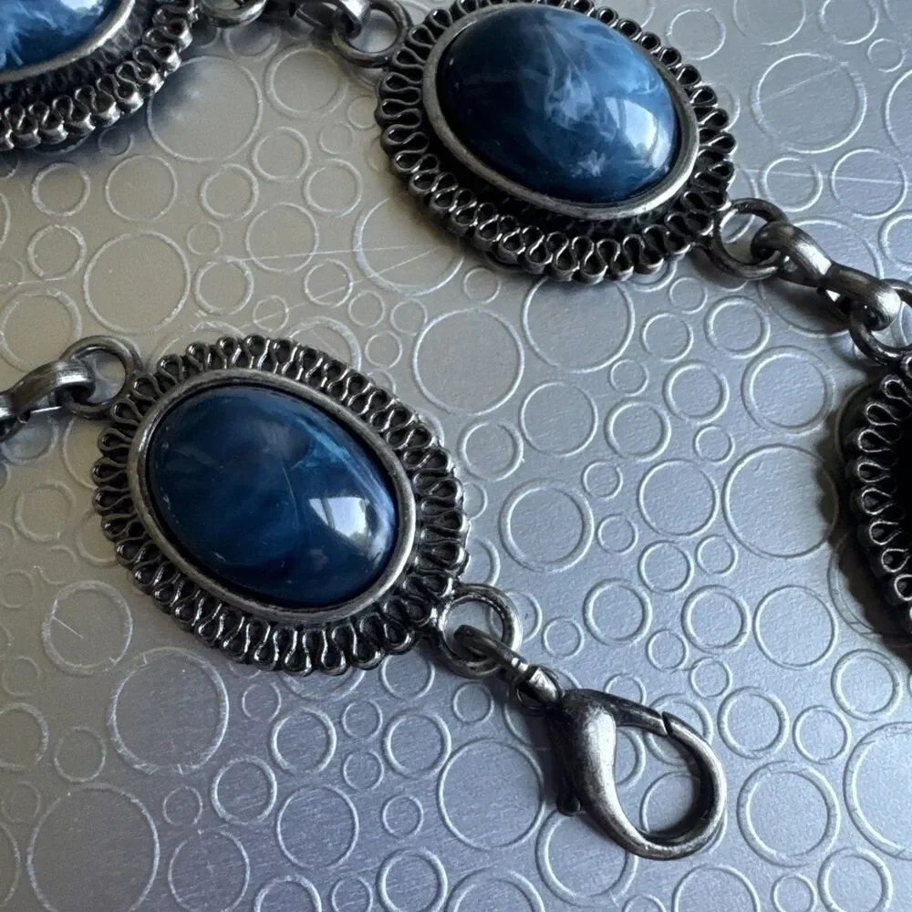 Vintage Silver Western Concho Chain Belt O/S Blue Faux Stone Cabochon Adjustable